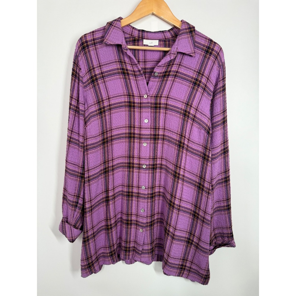 J Jill Purple Plaid Long Sleeve Collared Button Down Tunic Shirt Sz L Top Blouse - Picture 2 of 9